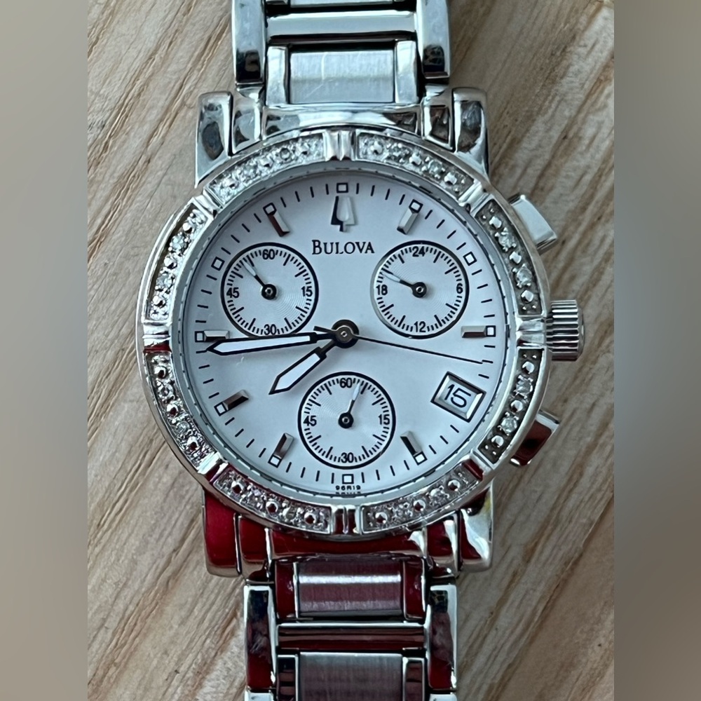 Bulova Diamonds Chronograph Ladies Watch White Dial Stainless Bracelet Date